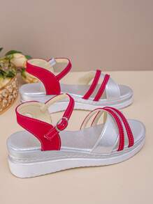Women's Platform Wedge Sandals, Color Blocking Strap Design, Suitable For Beach, Wedding, Outdoor, Summer