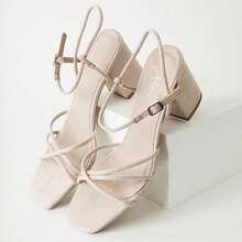 Women Strappy Square Toe Chunky Block Mid Heel Sandals – Cute Elegant Buckle Strap Heels For Spring/Summer Weddings, Bridesmaid, Date Night, Party, Prom & Business Casual Wear [Size Up Half Size] - Da lộn thuần chay màu khỏa thân - Xem 4