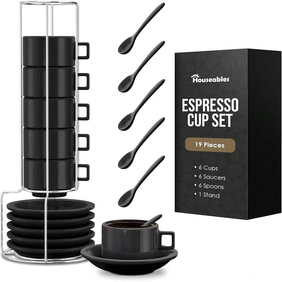 Nuevo juego de 66 piezas, incluye 6 platitos, 6 tazas estables, 6 expresiones, 1 azucarero y 1 tazón, 6 tazas de café, juego de tazas de café de porcelana, 19 piezas, set de 6 soportes, 2.5 oz, azul - Negro - Ver 1