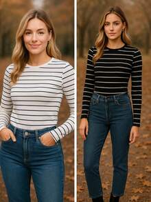 KIT 2 Long Sleeve Striped Blouses Soft Comfortable Ribbed Autumn-Winter - 黑色/白色 - 查看 1