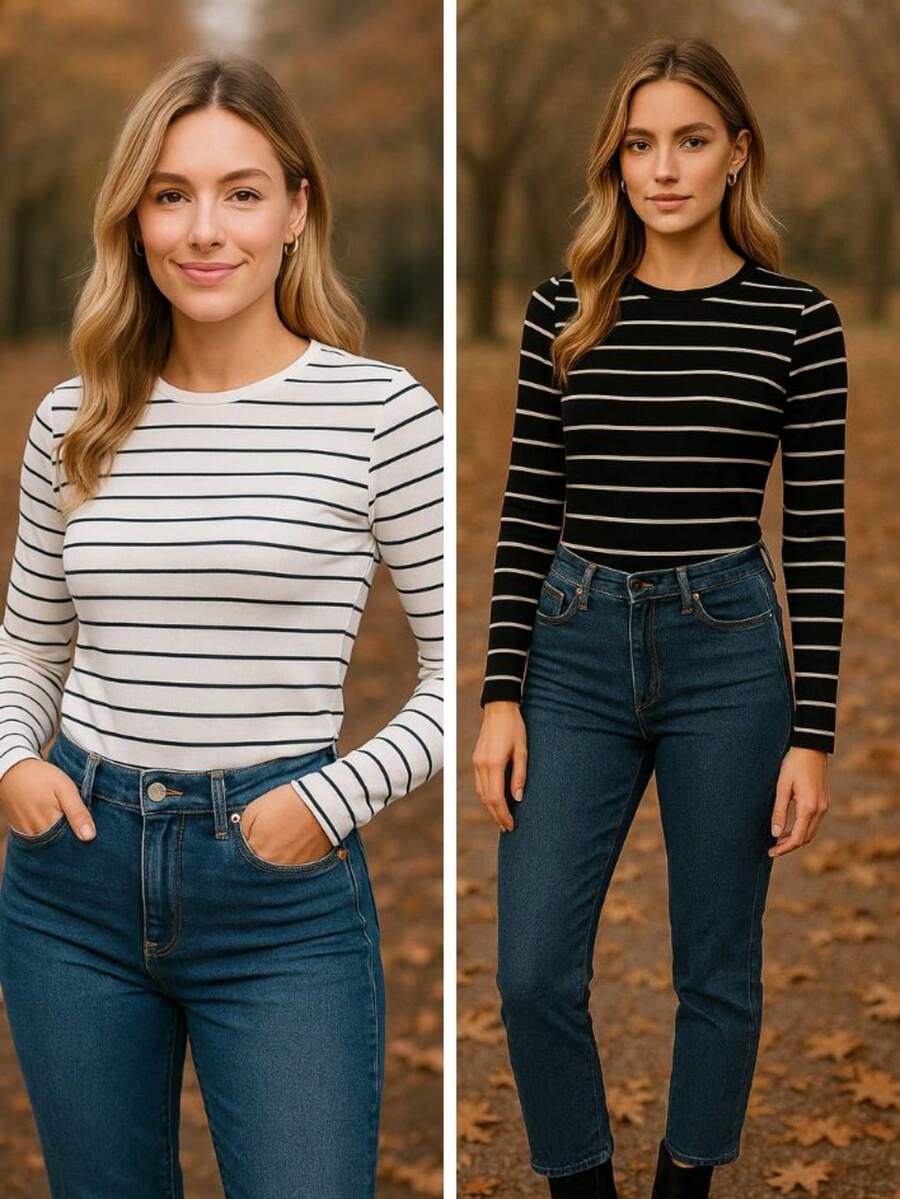 KIT 2 Long Sleeve Striped Blouses Soft Comfortable Ribbed Autumn-Winter - 黑色/白色 - 查看 1