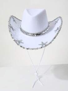 1 Stück Damen Cowboy Sonnenhut, leichter Stoff mit Pailletten-Seestern-Dekor, geeignet für Outdoor-Sonnenschutz, Strand, Western-Themen-Events, Partys, Rollenspiele, Abschluss, Maskeraden, Festivals, Hochzeiten, Geburtstage, Musikfestivals, Alltagsmode