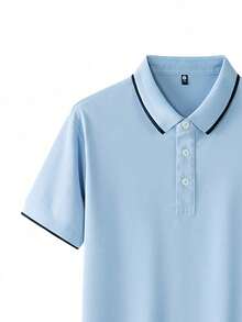 男士休闲纯色短袖 Polo 衫，简约时尚商务装，春夏 - 淺藍色 - 查看 5