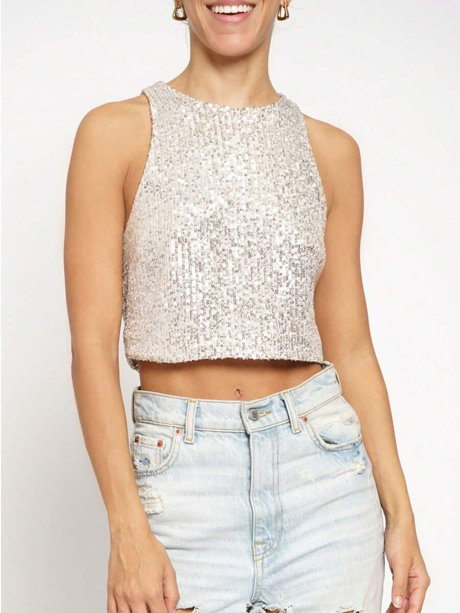 SANS SOUCI SEQUINS CROPPED TANK TOP   Blingbling    Party    Sequins    Zipper    Top  Night Out    All Season Holiday - 銀色 - 查看 1