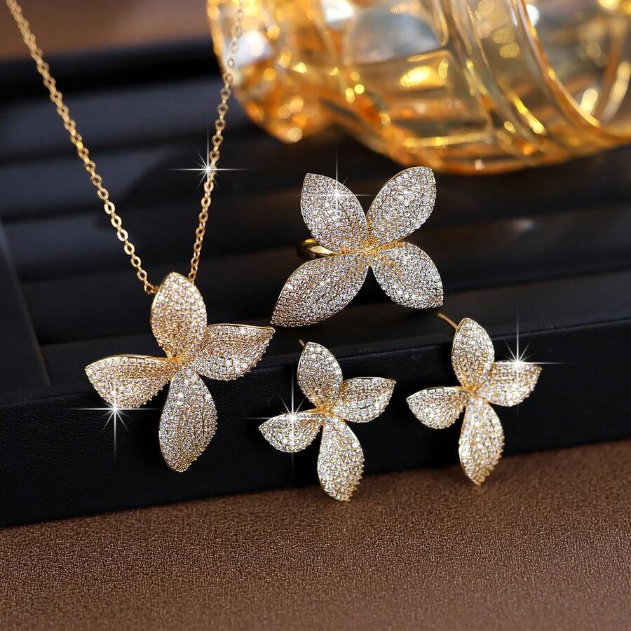 Bộ trang sức 2 món sang trọng, thanh lịch gồm dây chuyền và bông tai hình hoa, hộp quà trang sức cao cấp phù hợp cho kỷ niệm, sinh nhật, dành cho phụ nữ. - T41199 - Xem 1