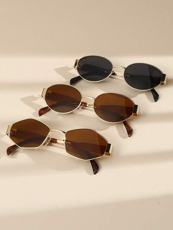 2 piezas/3 piezas Gafas de moda con marco de metal ovalado y romboidal para mujeres, de uso habitual, para viajar, vacaciones y playa