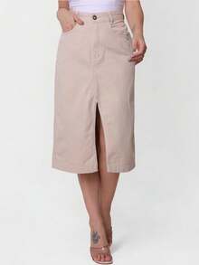 New Women's Slit Denim Skirt With Belt - Beige - View 2