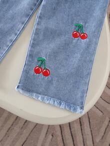 2件套少女休闲樱桃刺绣盖袖上衣和牛仔裤套装，夏季