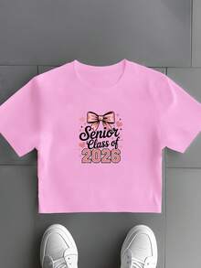Class Of 2026 Senior Women's Crop Tee Graduation Bow Graphic Top Fashion Short T-Shirt,Y2K, Streetwear, Casual,Rock,Crew Neck,Short Sleeve Tee, Holiday, Vacation,Festival,Daily Wear,Summer Tops - 粉色 - 查看 1