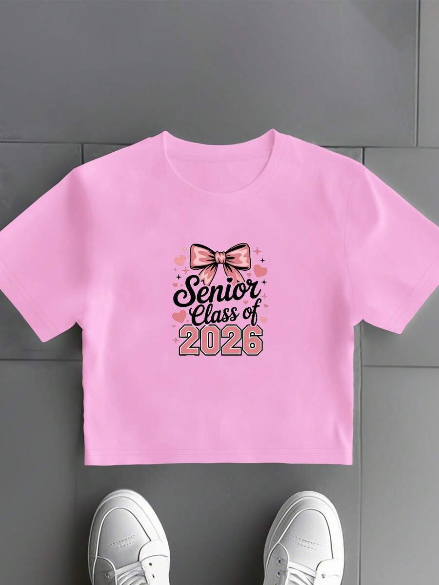 Class Of 2026 Senior Women's Crop Tee Graduation Bow Graphic Top Fashion Short T-Shirt,Y2K, Streetwear, Casual,Rock,Crew Neck,Short Sleeve Tee, Holiday, Vacation,Festival,Daily Wear,Summer Tops - 粉色 - 查看 1