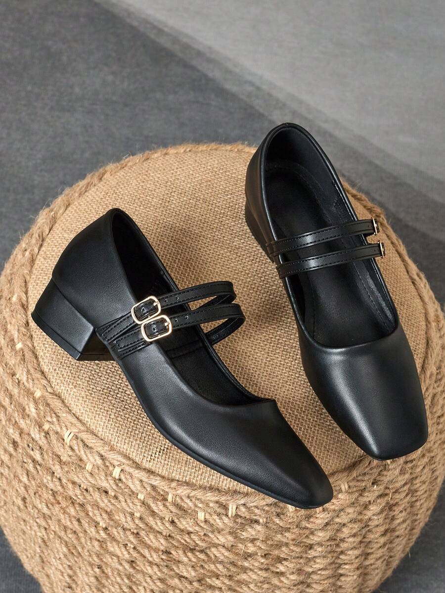 MonaNise 女士 3 厘米布质包跟黑色时尚百搭午夜蓝、咖啡色、酒红色粗跟玛丽珍平底鞋 - 黑色 - 查看 1