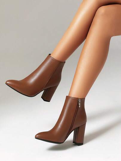 Women's Pointed Toe Side Zip Short Boots, Chunky Heel Fashion High Heels Ankle Boots, Versatile Solid Color Bohemian Elegant Outdoor All Seasons