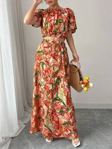 Estampado Integral  Floral    Bohemio    Bajo con volante  Abertura alta    Jardín    Verano - Naranja Coral - Ver 1