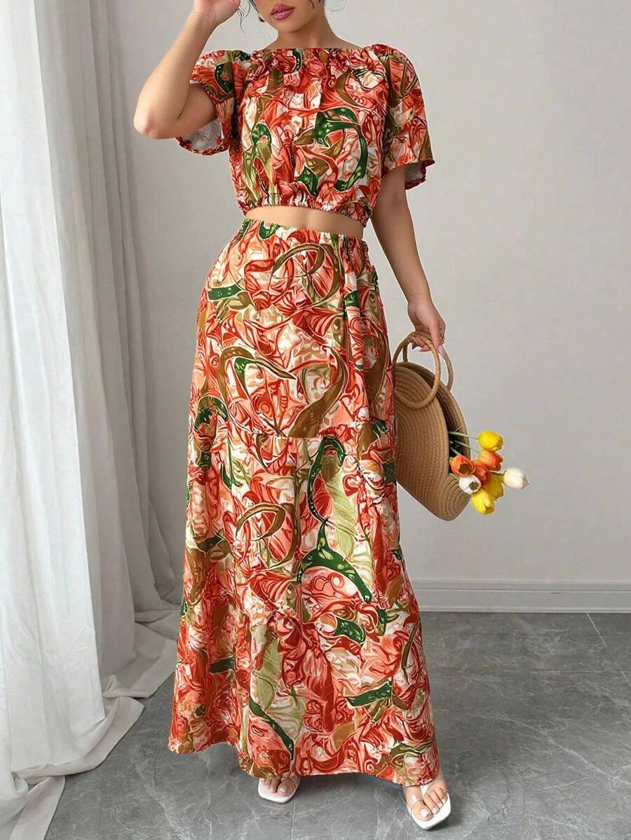 Estampado Integral Floral Bohemio Bajo con volante Abertura alta Jardín Verano - Naranja Coral - Ver 1