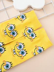 1 Pair Unisex Fun Personalized Cute Multi-Color Jacquard Spongebob Graphic Pattern Yellow Crew Socks, Sports Style, All Season, European/US Size, Comfortable Breathable Durable, Rich Colors, Suitable For Everyday Wear, Premium Fabric, Non-Sweating - Multicolor - View 3