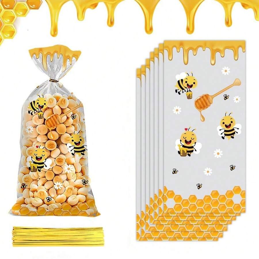 25 件/50 件蜜蜂主题礼品袋，配金色抽绳，儿童派对礼品袋，适用于迎婴派对、婚礼、周年纪念、蜜蜂主题派对、蜜蜂迎婴派对、迎婴派对礼品包装