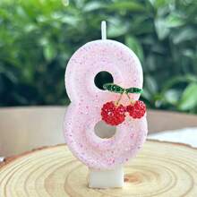 1 pieza Vela con número de cumpleaños, vela de cumpleaños con cereza, vela de pastel con lentejuelas como decoración, adecuada para celebraciones de aniversario de niñas y mujeres