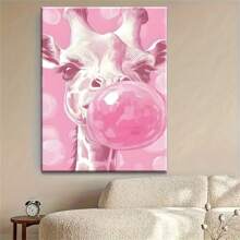 1 Unique Style Solid Painting Whimsical Pink Bubble Gum Giraffe Portrait Wall Art, Vibrant Ready To Hang Home Decor For Living Room & Bedroom, ,No Frame