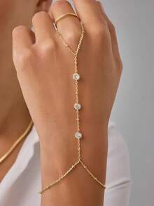 1pc Gold Conjoined Ring Bracelet, Rhinestone Bead Satellite Hand Chain For Women Jewelry Non Tarnish Gold Ring Hand Bracelet - Bracelet - View 2