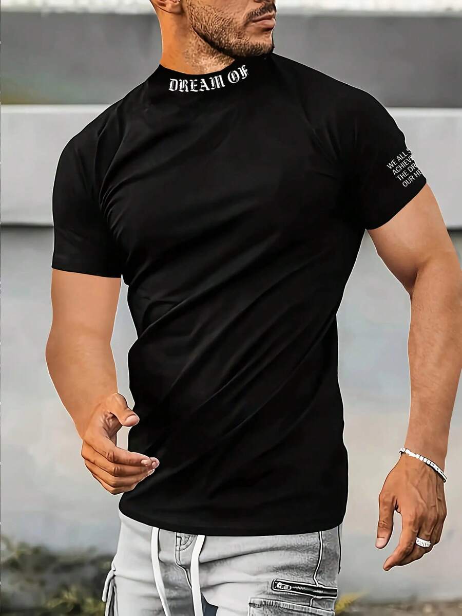 Men's Casual Fashionable Versatile Minimalist Printed Comfortable Polo Neck Short Sleeve T-Shirt, Summer - Black - View 1