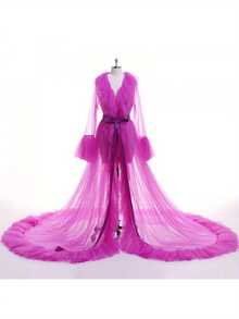 Women Summer Kimono Dress, Sheer Tulle V-Neck Long Flare Sleeves Floor-Length Night-Robe Lingerie, 4 Colors - Màu Hồng Tươi - Xem 1