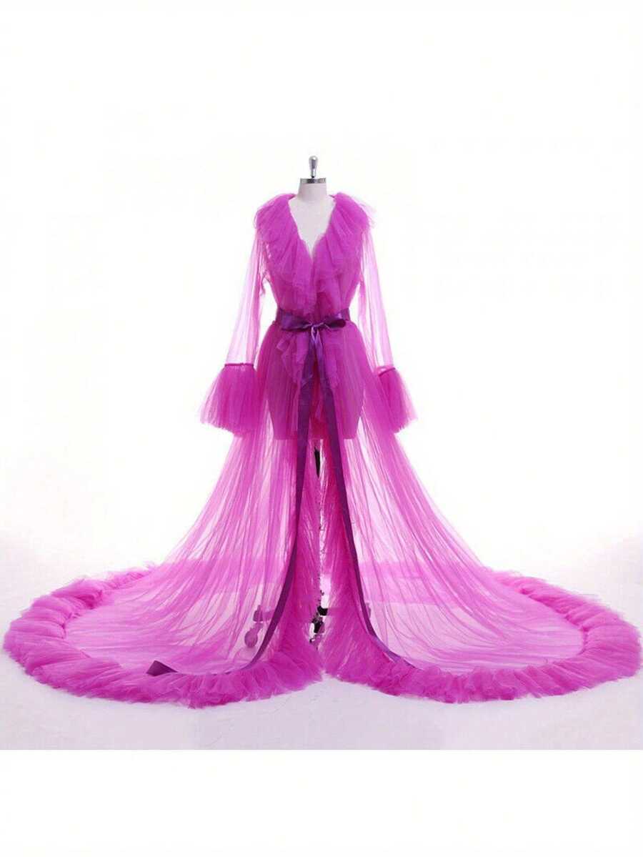 Women Summer Kimono Dress, Sheer Tulle V-Neck Long Flare Sleeves Floor-Length Night-Robe Lingerie, 4 Colors - Màu Hồng Tươi - Xem 1