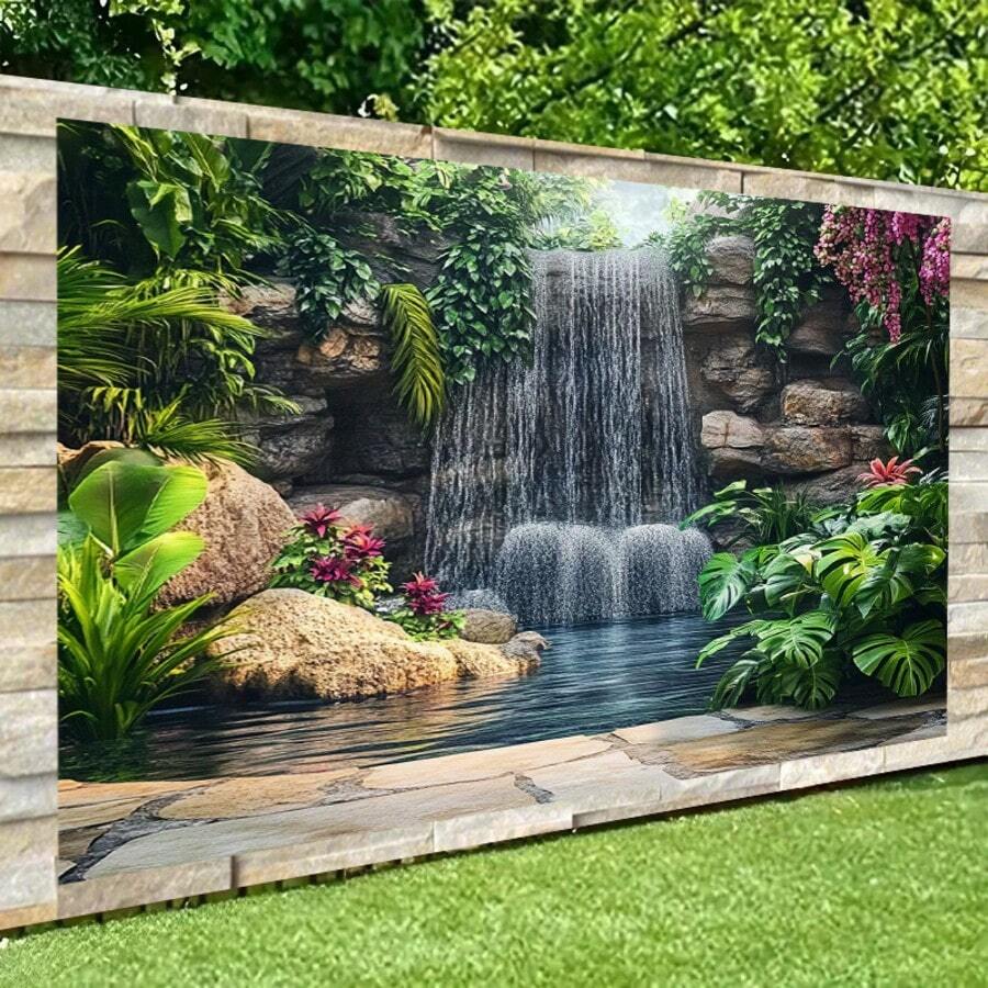 2D Backdrop 1 Pc Verdant Garden Waterfall 2D Polyester Backdrop - Vibrant Natural Scene With Cascading Waterfall And Lush Greenery, Durable Fabric Wall Covering Suitable For Living Room, Bedroom, Office And Outdoor Decoration, No Electricity Required, Great For Party, Holiday Gifts, Gift Wall Covering And Room Aesthetic Enhancement, Garden Decor