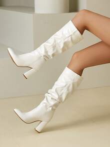 White Pointed Toe Thick Heel Long Boots, Women's Fashion Knee-High Boots, Gothic Style, Versatile For All Seasons - White - View 1
