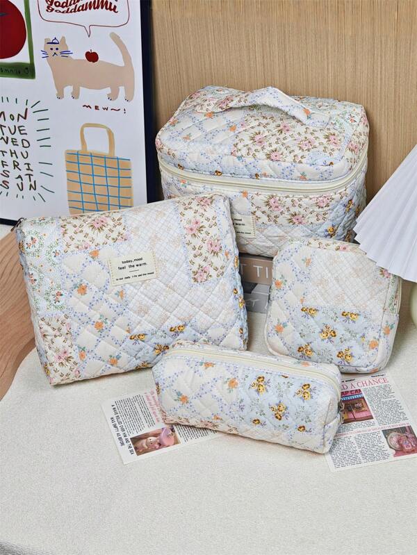 Conjunto de 4 Peças, Bolsas Cosméticas Femininas com Fecho de Zíper e Estampa Floral, Bolsas Organizadoras Multiuso de Grande Capacidade, Presente do Dia das Mães, Acessório de Moda Feminina, Bolsa de Maquiagem Leve e Macia