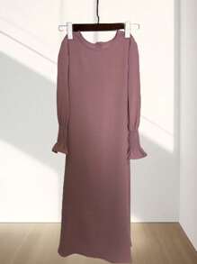 1pc Girls Casual Dress, Pink Round Neck Ruffled Hem Solid Color, Elastic & Comfortable, Daily Wear, Long Arabian Style Abaya