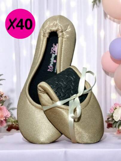 40 PARES/PAQUETE PANTUFLAS FOLDING FLATS "DORADO SATINADO" PARA BODA XV AÑOS EVENTOS RECUERDOS "FUERA TACONES BAILAR" SAT1 BASIC