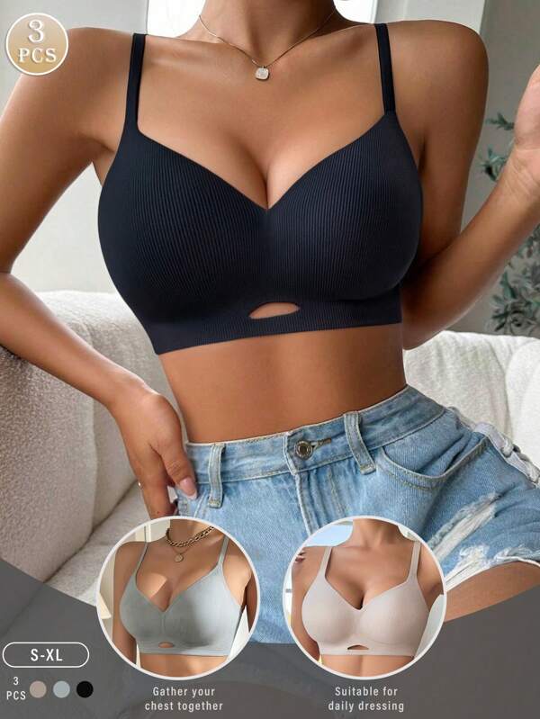Set de 3 piezas de ropa interior cómoda y casual para mujeres, sujetadores inalámbricos sencillos con efecto push-up, hechos de tela transpirable y suave a la piel