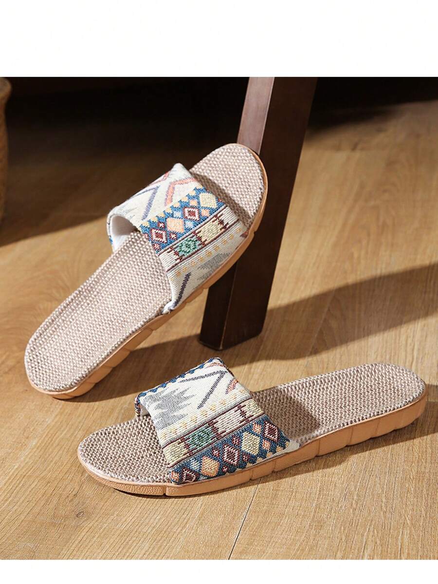 صندل شرائح من الكتان للنساء، أحذية منزلية مفتوحة من أمام، مضاد للانزلاق لجميع المواسم