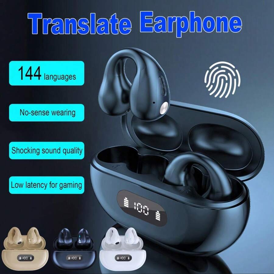 AI Language Translation Earbuds, Clip On Earbuds Wireless Headphones Real-Time Translator For 144 Languages & Accents Headphones Translator Ideal For Travel Business Learning Translation Device - White - View 1
