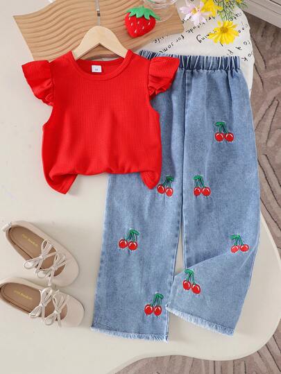 Set de 2 piezas de top de manga corta con estampado bordado de cerezas y pantalones vaqueros para niña, informal, para verano