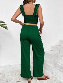Jumpsuit a capas fruncido de manga con cinturón pierna ancha  Liso    Casual  Bohemio    Volante fruncido  Fruncido - Verde - Ver 5