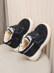 秋冬儿童雪地靴一双，新款系带拉链设计，厚实保暖，轻便时尚户外雪地靴 - 黑色 - 查看 3