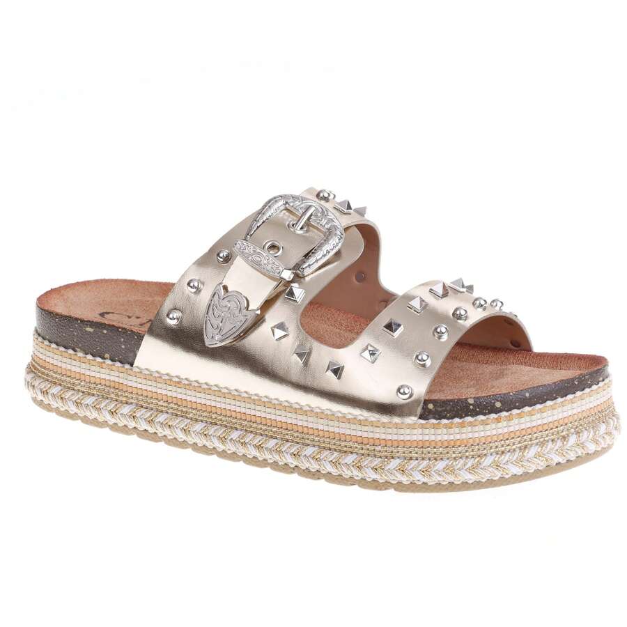 Women's Rivet Thick-Sole Slide Sandals With Western-Style Buckle And Woven Sole - Gold - View 1