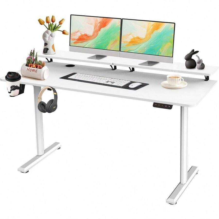 SOSINYA 140x60cm Mesa Escritorio Elevable Mesa Elevable Escritorio Mesa Gaming Arce Dos Soportes Para Monitor Memoria De Altura Ustable Adecuado Para Estudiar Trabar Jugar - 140x60布蘭科 - 查看 1