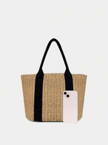 Woven Drawstring Tote Bag, Roomy Straw Handbag Suitable For Beach Vacation Travel - Khaki - View 3
