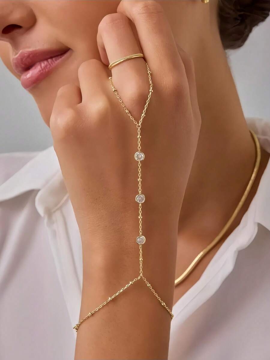 1pc Gold Conjoined Ring Bracelet, Rhinestone Bead Satellite Hand Chain For Women Jewelry Non Tarnish Gold Ring Hand Bracelet - Bracelet - View 1