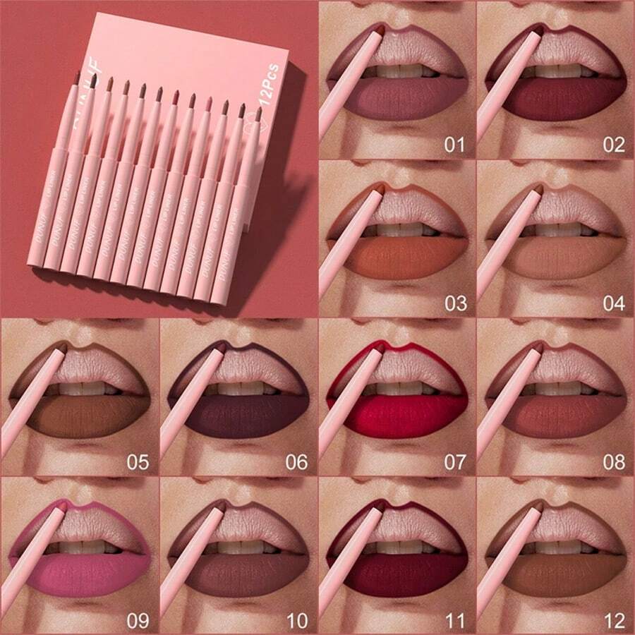 DUNUF 12 Pcs Durable Waterproof Lip Liner Matte Durable Easy To Color Non-Stick Cup No Fading No Beginner Friendly Exquisite Gift - Multicolor - View 1