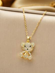 1pc Sweet Cute Iced Out Cubic Zirconia Bear Pendant Stainless Steel Necklace For Teen Girls Fashion Winter Holiday Party Christmas Decor Jewelry For Daily Life