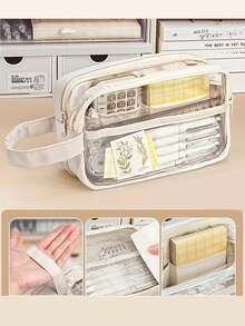 大容量PVC铅笔盒 - 透明多隔层收纳盒，带计算器、笔记本和笔 - 适合学校、办公室和旅行 - 是学生、专业人士、男士和女士的理想之选，学校文具收纳盒，功能齐全的收纳盒，拉链封口，不含配件的铅笔袋，返校季，学习用品，铅笔袋，书包 - 彩色 - 查看 4