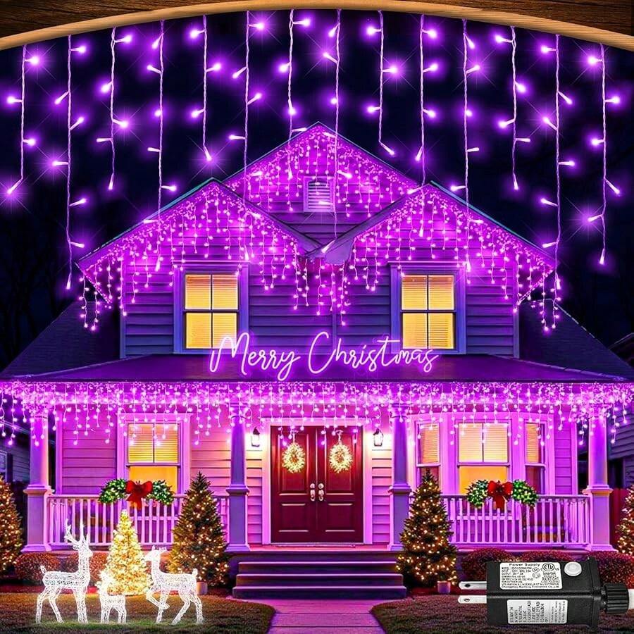Luces de Navidad moradas para exteriores, Luces de carámbano de 33ft 400 LED con modos de parpadeo, con temporizador, conectables, cable transparente, luces de árbol para patio, casa, interiores y decoración navideña - Multicolor - Ver 1