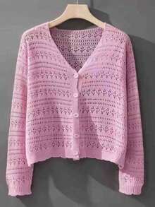 1pc Women's Shrug, Loose V-Neck Hollow Out Knitted Air-Conditioned Shirt, New Style Long Sleeve Sunscreen Cover Up Top Accessories Women