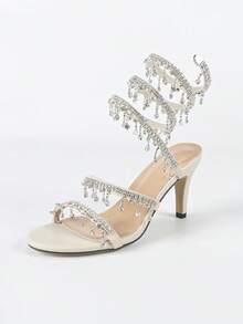 Women's Slim High Heel Sandals, Fashion Simple Straps Rhinestone Snake Wrap Round Toe, Suitable For Summer & Autumn - Beige - View 3