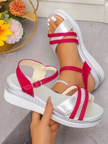 Women's Platform Wedge Sandals, Color Blocking Strap Design, Suitable For Beach, Wedding, Outdoor, Summer