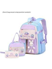 Juego de 3 piezas de mochila de campus con estampado de conejo de moda, diseño de puerta de refrigerador, portavasos lateral, regalo de vuelta a la escuela - Multicolor - Ver 12