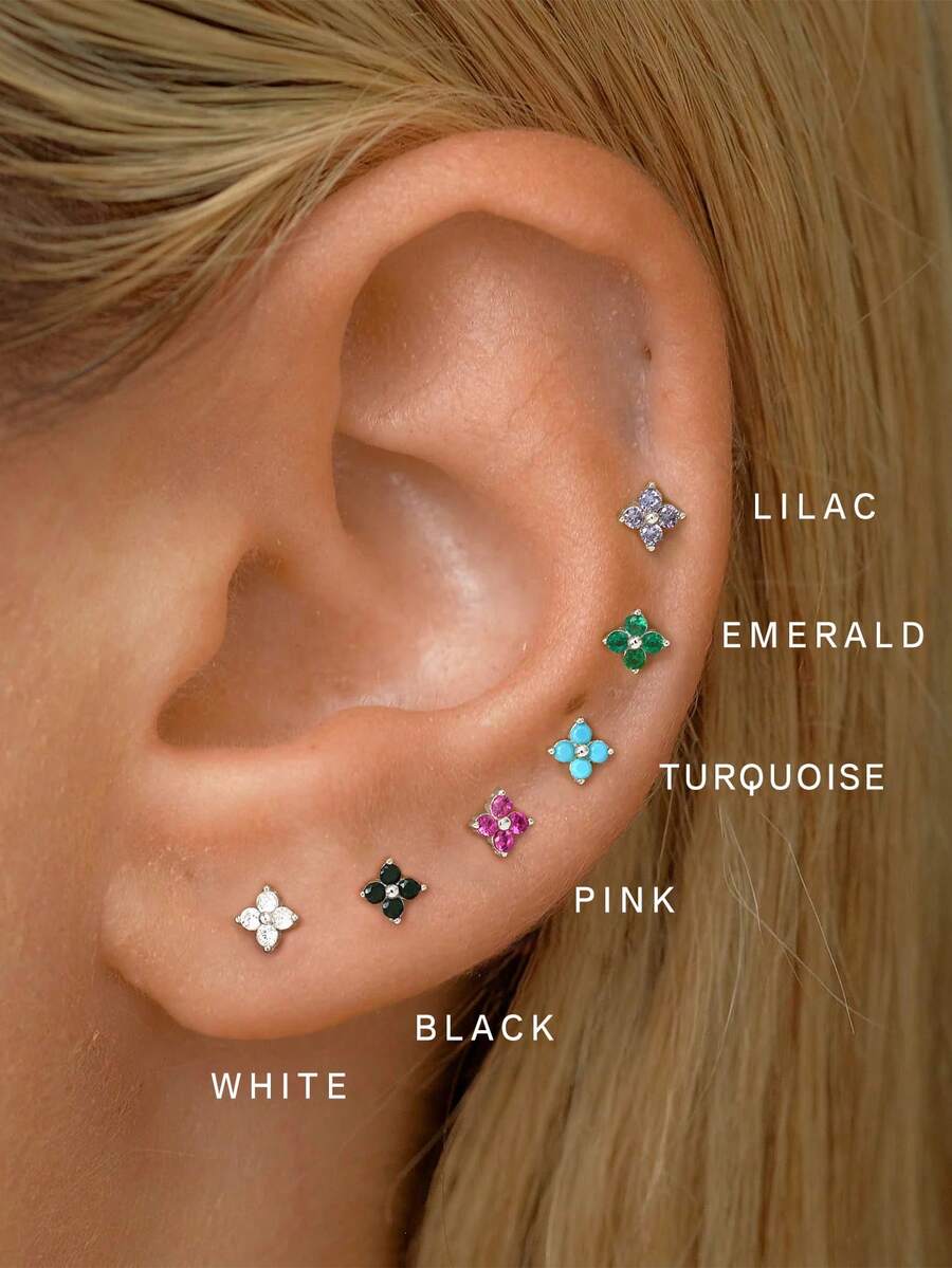 2 件迷你 925 纯银彩色四叶草耳钉，防过敏金三方锆石三角形耳钉，适合女士日常佩戴